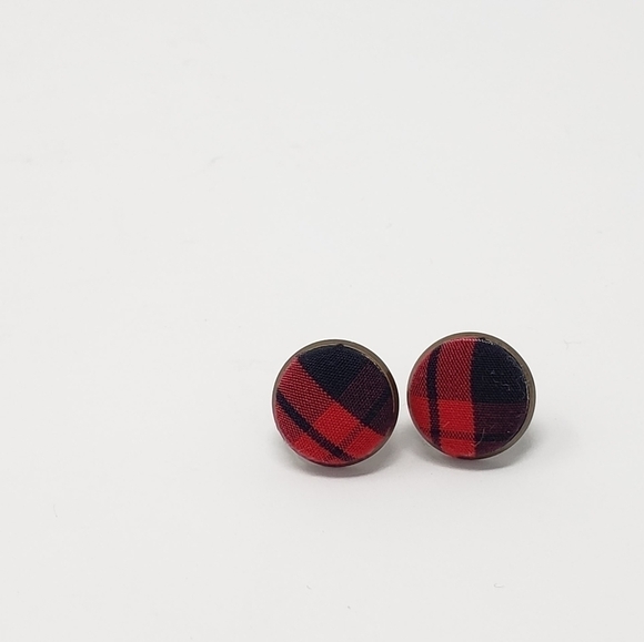 New Handmade | Upcycled Plaid Button Stud Earrings - Picture 1 of 3